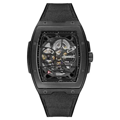 Produktbild: Ingersoll The Challenger Herren-Automatikuhr, 42 mm, mit schwarzem Sleketon-Zifferblatt und schwarzem PU/Alcantara-Armband