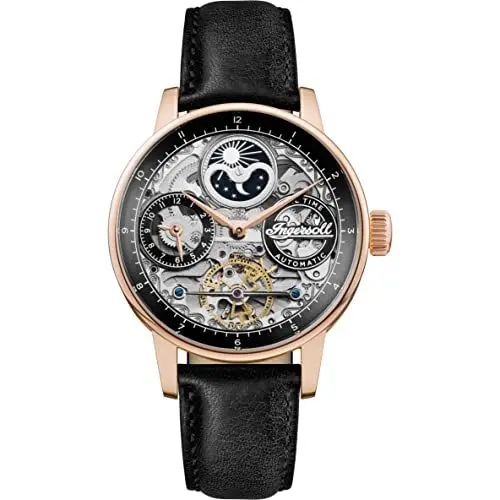 Produktbild: Ingersoll The Jazz 42 mm Automatik-Mondphasenuhr für Herren mit Roségold Skeleton-Zifferblatt und Schwarzes Echtlederarmband I07705