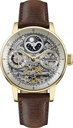 Produktbild: Ingersoll The Jazz 42 mm Automatik-Mondphasenuhr für Herren mit hellgoldenem Skeleton-Zifferblatt und Braunem Echtlederarmband I07704