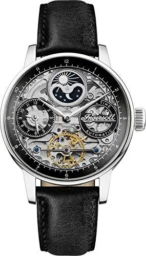 Produktbild: Ingersoll The Jazz 42 mm Automatik-Mondphasenuhr für Herren mit silbernem Skelett-Zifferblatt und Schwarz Echtlederarmband I07701