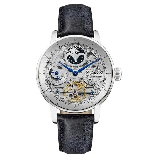 Produktbild: Ingersoll The Jazz 42 mm Automatik-Mondphasenuhr für Herren mit silbernem Skelett-Zifferblatt und blauem Echtlederarmband I07702