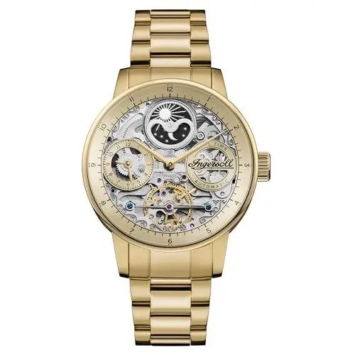 Produktbild: Ingersoll The Jazz 42 mm automatische Mondphasenuhr für Herren mit Skelettzifferblatt und goldenem Edelstahlarmband