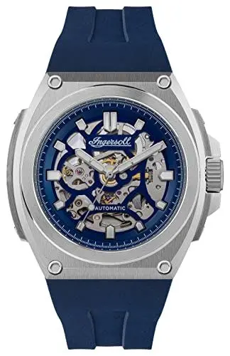 Produktbild: Ingersoll The Motion Herren-Automatikuhr, 50 mm, mit blauem Skeleton-Zifferblatt und blauem PU-Gummiarmband I11704