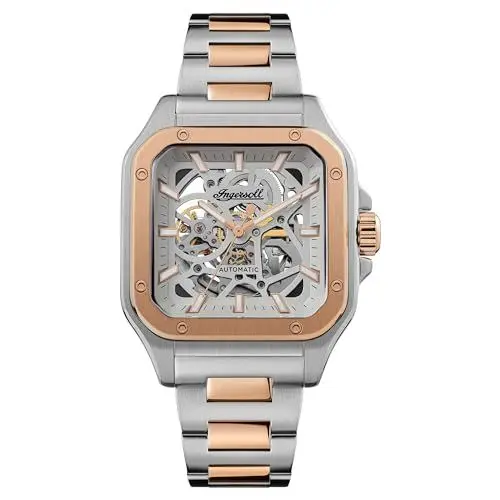 Produktbild: Ingersoll The Ollie Herren-Automatikuhr, 42 mm, mit skelettiertem Zifferblatt und zweifarbigem Silber/Roségold-Armband
