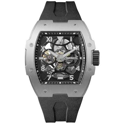 Produktbild: Ingersoll The Play 45 mm Automatic Herrenuhr mit schwarzem Skelettziffernblatt und schwarzem PU Armband I15301