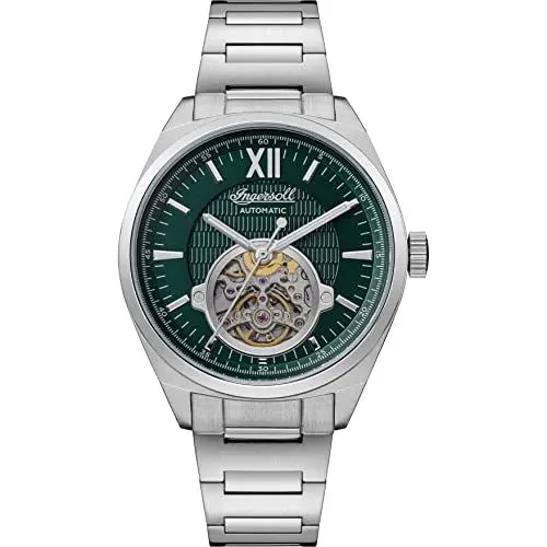 Produktbild: Ingersoll The Shelby Herren-Automatikuhr, 44 mm, mit grünem Zifferblatt mit offenem Herzen und silbernem Edelstahlarmband I10903B
