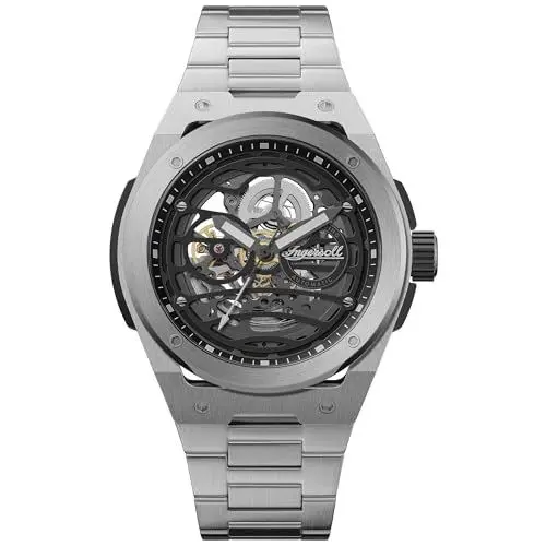 Produktbild: Ingersoll The Springfield 48 mm Automatic Herrenuhr mit schwarzem Skelettziffernblatt und schwarzem Edelstahl Armband I15203
