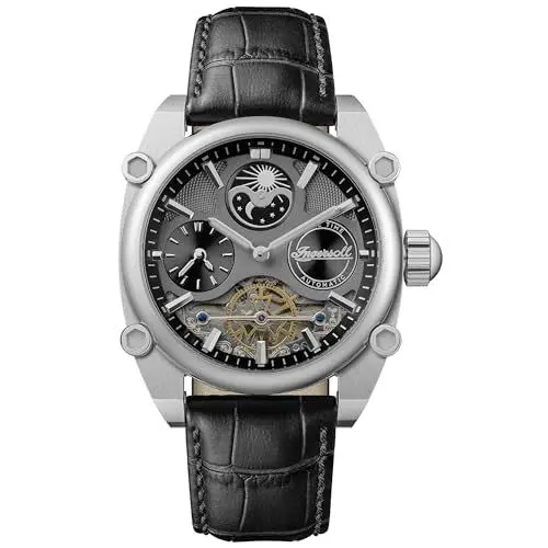 Produktbild: Ingersoll The Varsity 47 mm Automatic Herrenuhr mit grauem Skelettziffernblatt und schwarzem Leder Armband I15402