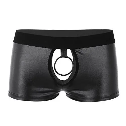 Produktbild: inhzoy Herren Wetlook Boxer Briefs Ouvert Unterwäsche mit Metall Ring Leder Panties Pants Sexy Lingerie Unterhose Clubwear Schwarz L