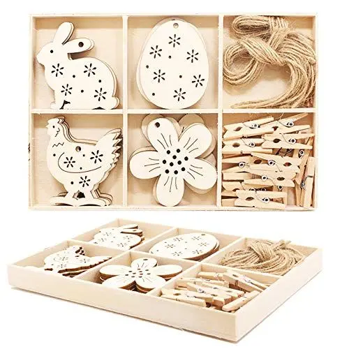 Produktbild: INIFLM Holz-Osterornamente, Oster-Holzkiste, Oster-Holzeier, Blumen, Hasen-Anhänger, Osterbaum-Hängeornament, Oster-Partyzubehör(#1)