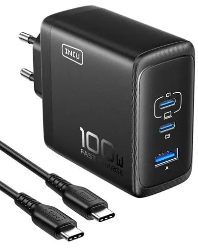 Produktbild: INIU 100W USB C Ladegerät, Laptop Schnellladegerät mit USB C Kabel, GaN 3-Port Mehrfach Netzteil für MacBook Air Pro, iPad, iPhone 16 15 14 Pro Max, Samsung Galaxy S25 S24 Ultra, Pixel, Switch 2 etc