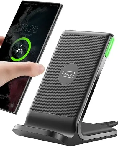 Produktbild: INIU Wireless Charger Stand, 15W Qi Zertifiziert Induktive Ladestation Schnelles Kabelloses Ladegerät Handy Ständer handyhalterung für iPhone 16 15 14 13 12 Pro Max Xr Xs Samsung Galaxy S23 S22 Google