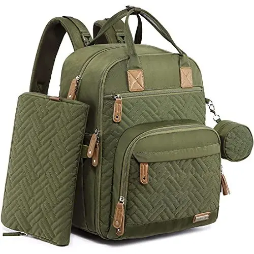 Produktbild: iniuniu Große Baby Wickelrucksack mit Windeltasche, Wickelunterlage, Schnullerhalter, Multifunktional Babytasche für Mama & Papa, Armeegrün