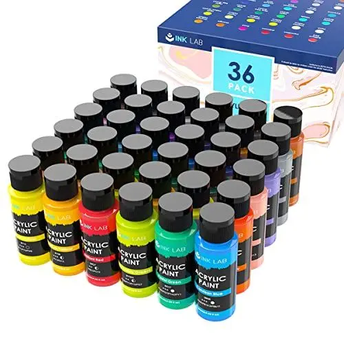 Produktbild: INK LAB Acrylfarbe Set 36 Farben Waschfeste Acryl Farben Künstlerfarbe Malfarben Ungiftig Ideal für Kinder Künstler Anfänger Leinwand Papier Stein Holz, Reiche Pigmente