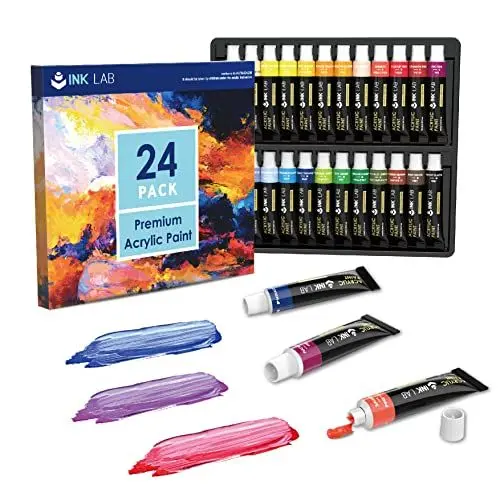 Produktbild: INK LAB Acrylfarben Set 24 Tuben Künstlerfarben Malfarben Ungiftig Acryl Farben Ideal für Anfänger Leinwand Holz Papier Keramik,Reiches Pigment,12ml/Tuben