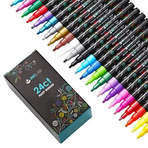 Produktbild: INK LAB Acrylstifte Marker Stifte 24 Farben Steine Bemalen Stifte Set Permanent Wasserfest Acrylfarben Marker Set für Steine Glas Holz Leinwand Keramik DIY Fotoalbum