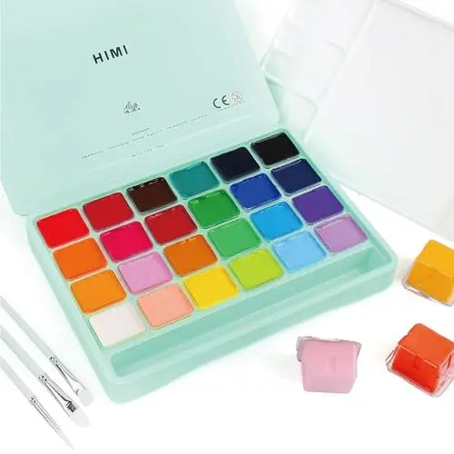 Produktbild: INK LAB HIMI Gouache Farben Set 24 Farben 30 ml Gouache Paint mit Pinsel Ungiftige Einzigartiges Gelee Cup Design mit Palette für Künstler Studenten Kinder