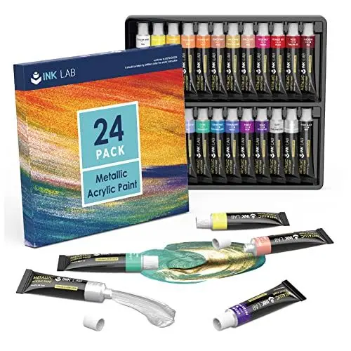 Produktbild: INK LAB Metallic Acrylfarben Set 24 x 12ml Tuben Metallic Künstlerfarben Malfarben Ungiftig für Anfänger Steine Leinwand Holz Papier Keramik