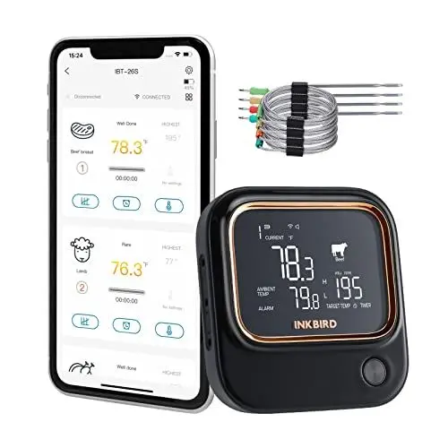 Produktbild: Inkbird IBT-26S Fleischthermometer, Bluetooth 5.1 Signal 70m und WIFI 2.4G, Thermometer mit 4 Temperaturfühlern, Magnetische Halterung, USB-Aufladbar, Grillthermometer für Küche Ofen Grill BBQ Smoker