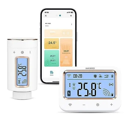 Produktbild: Inkbird IRC-RW1 WLAN Heizkörperthermostat mit Gateway, App-Steuerung, umkehrbarem Bildschirm, 11 Zeitperioden der Temperaturregelung für Wohnzimmer, Badezimmer, Babyzimmer und so weiter.