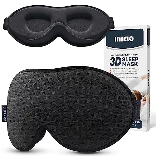 Produktbild: INNELO Schlafmaske für Herren Frauen, 2024 Bequeme Atmungsaktive 3D Augenmaske, mit tiefen Augenhöhlen und erhöhten Nasenpads, 100％ Lichtblockierende Schlafbrille mit Memory Foam für Reisen, Schwarz