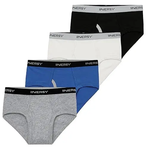 Produktbild: INNERSY Jungen Slips Baumwolle Unterhosen mit Eingriff Kinder Unterwäsche Basic Slip 4er Pack (146-158, Blau/Grau/Schwarz/Weiß)