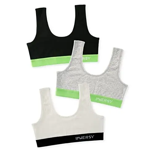 Produktbild: INNERSY Mädchen BH Baumwolle Bustier Breiten Träger Sport BHS Teenager Unterwäsche Kinder 3 Pack (XL, Weiß/Schwarz/Grau)