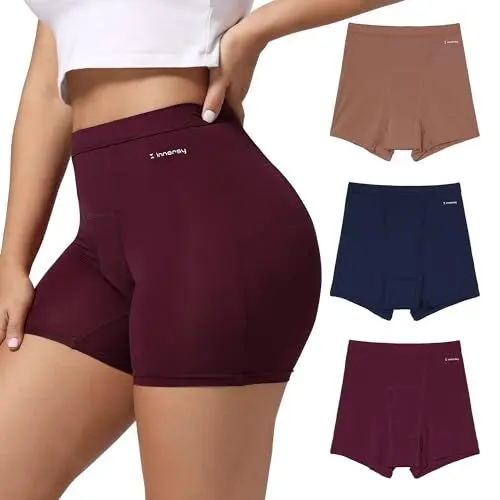 Produktbild: INNERSY Perioden Boyshorts Damen Boxershorts Unterwäsche Frauen Menstruation Unterhosen 3er Pack (42, Marineblau/Weinrot/Braun)