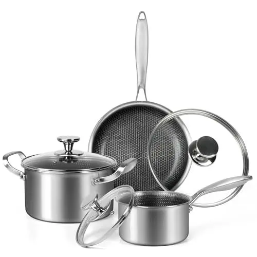 Produktbild: Innerwell 6-Teilig Edelstahl Töpfe und Pfannenset, Bratpfanne 24cm mit Deckel, Stielkasserolle 2L, Topf 20cm/3.6L, Antihaft-Beschichtung Kochgeschirr-Set mit Wabenstruktur,Pfanne Induktions, Pfoa Frei