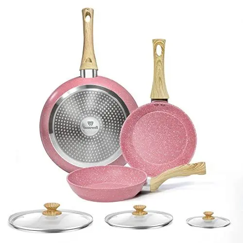 Produktbild: Innerwell Pfannenset 3-teilig Blassrosa – Induktion Pfanne mit Deckel 20/24/28 cm, Antihaftbeschichtung in Profiqualität, PFOA-frei, für alle Herdarten geeignet
