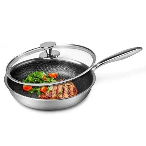Produktbild: Innerwell Profi Antihaft Pfanne Edelstahl 28 cm, Induktion Pfanne mit Deckel, kratzfeste Wabenversiegelung, Universal Bratpfanne, backofenfest, PFOA-frei, spülmaschinengeeignet
