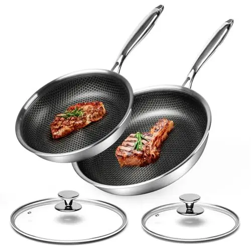 Produktbild: Innerwell Pfannenset 2-teilig 24 & 28 cm aus Edelstahl mit Deckel, Induktionsgeeignet, Antihaftbeschichtung mit kratzfester Wabenstruktur, backofenfest, spülmaschinengeeignet, PFOA-frei