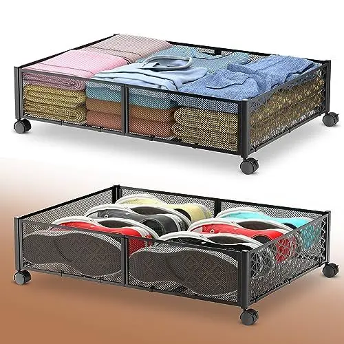 Produktbild: Innotic Unterbett Aufbewahrungsbox mit Rädern, Große Unterbettkommode Aufbewahrungstasche, Metall unterbett aufbewahrung Unterbettbox Organizer (2 Stück)