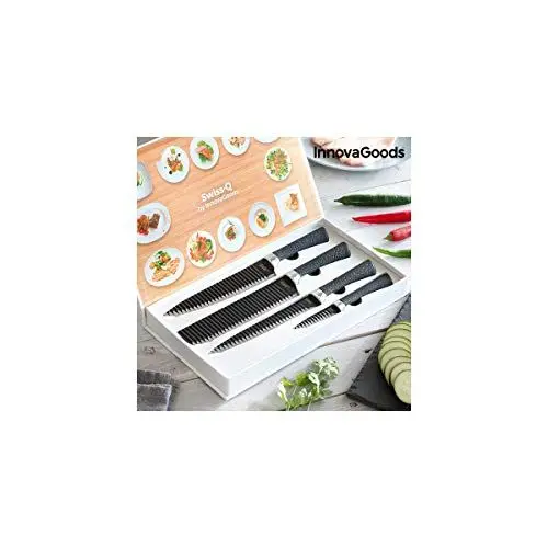 Produktbild: InnovaGoods - 4-teiliges Messerset Black Shark Swiss·Q Namiutsu, Hochpräzises Schneiden, Ergonomischer Griff, Antihaft-Keramikbeschichtung, Schwarz, Kunststoff