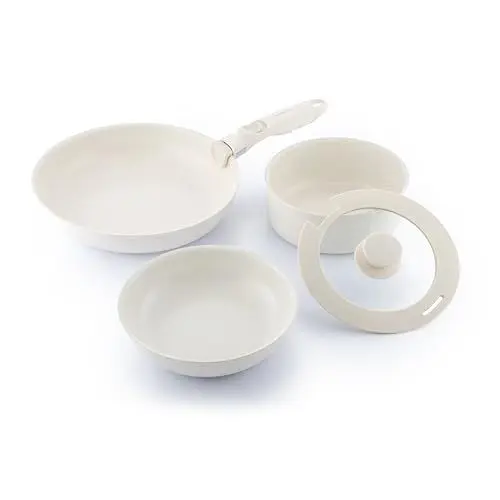 Produktbild: InnovaGoods - 5-teiliges Antihaft Bratpfannen-Set mit abnehmbarem Griff, stapelbares Design, gleichmäßige Wärmeverteilung, für alle Herdarten inkl. Induktion, leicht zu reinigen, Aluminium, Beige