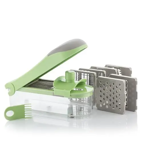Produktbild: InnovaGoods - 7-in-1 Gemüseschneider, Mandoline und Reibe mit Zubehör, Multifunktional, Rutschfeste Füße, Edelstahl, Grün, 27,5 x 8,5 x 11,5 cm