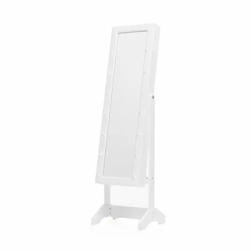 Produktbild: InnovaGoods - Stand-Schmuckspiegel mit LED, 16 Leuchten für Helligkeit, Elegantes Holzdesign, Multifunktionaler Schmuckkasten, 4 Neigungswinkel, Weiß, Kunststoff, Bunt