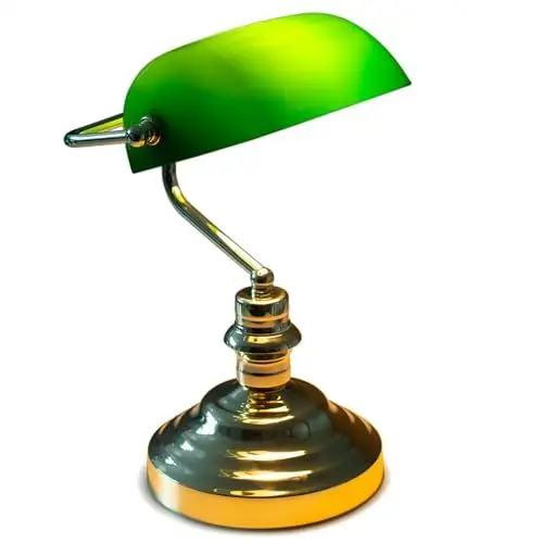 Produktbild: INNOVATE Bankerlampe Grün – 36cm hohe Bürolampe E27 – englische Retro Schreibtischlampe messingfarben – 1,5m Kabel mit Kippschalter und Eurostecker – Bibliothekslampe Lampenschirm Acrylglas Grün