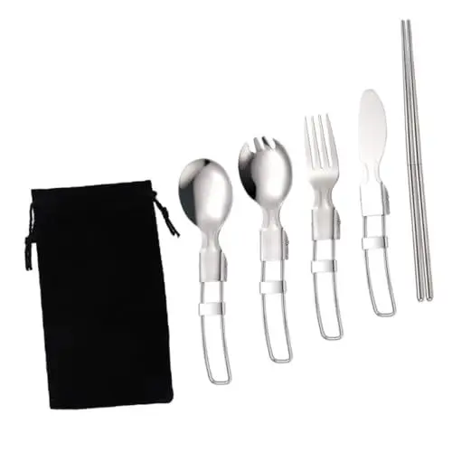Produktbild: INOOMP 1 Satz Und Löffel Camping-essgeschirr Tragbares Besteckset Mit Etui Löffel Gabeln Set Campingbesteck Camping-utensil Sporen Rostfreier Stahl Einzel Essstäbchen