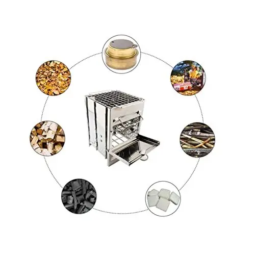 Produktbild: INOOMP Edelstahl Quadratischer Holzofen Tragbarer Faltgrill Für Outdoor Camping Kochgeschirr Ideal Für BBQ Und Gartenfeiern
