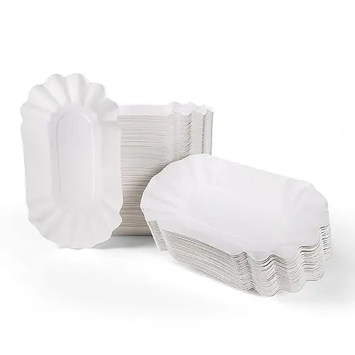 Produktbild: Inoverse 250 Stück Pommesschalen, Pappteller Weiß Einweg 14 x 9 x 3 cm, Umweltfreundlich Pappschalen, Currywust Pommes Papierteller, Einwegteller aus Pappe, Einweggeschirr, Partyteller, KU51