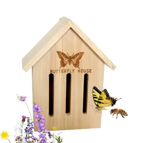 Produktbild: Insektenhaus Schmetterlingshaus mit Dach/Holz Natur Insektenhotel mit Boden - Ganzjährig für Insekten, Bienen, Schmetterlinge zum aufhängen (Schmetterlingshaus)