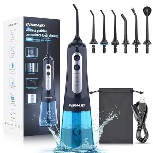 Produktbild: INSMART Munddusche Kabellos Tragbar Elektrische Zahnreiniger, DIY 4 Modi Wiederaufladbar Zahndusche Doppelt Wasser Zähne Flosser IPX7 Wasserdicht Munddusche Testsieger für Reinigung auf Reisen