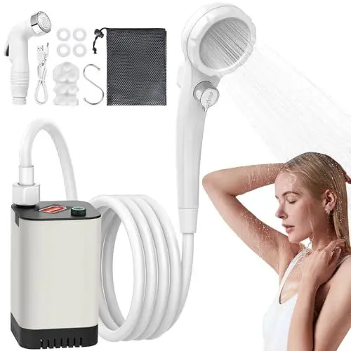 Produktbild: INSMART Tragbare Dusche, wiederaufladbare Camp-Duschpumpe (5200 mAh), tragbare Dusche für Camping mit einstellbarer Wasserflussgeschwindigkeit, Camping-Essentials Outdoor-Dusche, geeignet zum Wandern,