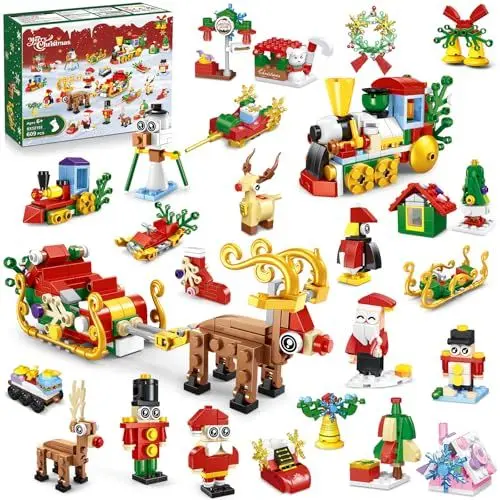 Produktbild: INSOON 24 Päck Weihnachten Bauspielzeug 2024, 50 in 1 Weihnachts Bauset Spielzeug, Weihnachtsbaum Weihnachtsmann Zug Haus Bausteine 609 Stück, Geschenke für Kinder Jungs Mädchen Alter 6-12+