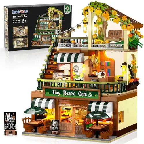 Produktbild: INSOON City Kaffee Haus Bauspielzeug mit LED Licht, 1173 Stück Stadt Cafe Laden Bauklotz Spielzeug mit Bestellcounter, Architektur Klemmbausteine Modell für Erwachsene Kinder Jungen Mädchen 6-12+