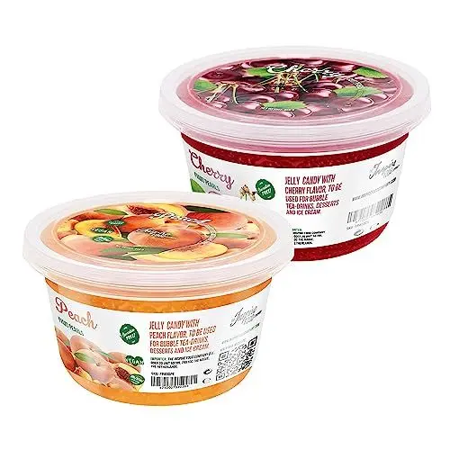 Produktbild: INSPIRE FOOD Bubble Tea Perlen Set - 2er-Pack Popping Boba Fruchtperlen | Pfirsich, Kirsch |Tapioka Perlen 100% vegan und glutenfrei, ohne künstliche Farbstoff, je 450g
