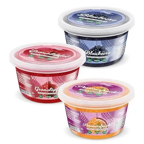 Produktbild: INSPIRE FOOD Bubble Tea Perlen Set - 3er-Pack Popping Boba Fruchtperlen | Blaubeere, Granatapfel, Maracuja |Tapioka Perlen 100% vegan und glutenfrei, ohne künstliche Farbstoff, je 450g