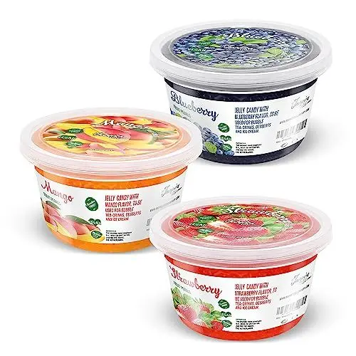 Produktbild: INSPIRE FOOD Bubble Tea Perlen Set - 3er-Pack Popping Boba Fruchtperlen | Erdbeer, Mango, Heidelbeer |Tapioka Perlen 100% vegan und glutenfrei, ohne künstliche Farbstoff, je 450g