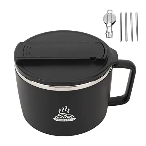 Produktbild: Instant-Nudeln Schüssel, 1200 ml Ramen Schüssel Mit Deckel Auslaufsicher Nudelschale mit Essstäbchen und Spork Nudelschüssel Ramen Bowl set für Gemüse Obst Ramen (BLACK)
